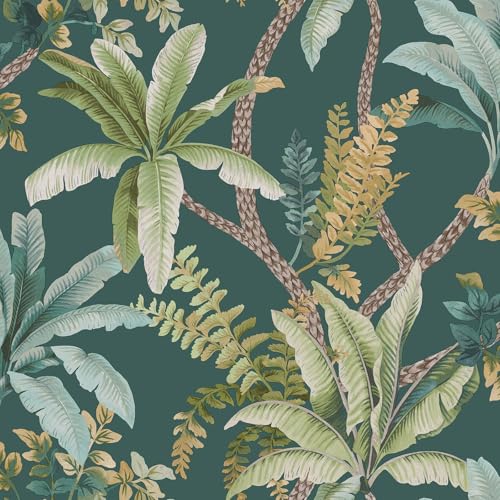 Trailing Palm Tropical Leaves Foliage Green Leaf Wallpaper Perfect for Living Roooms, Restrooms, Tropical Themed Bedroms Teal Green Colours Holden 13801