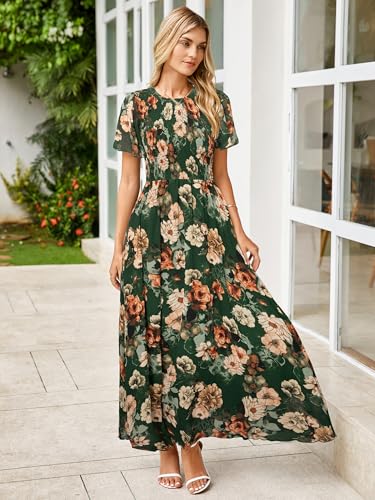 Image of Simplee Womens Casual Floral Summer Maxi Dress 2026 Boho Flowy Short Sleeve Crew Neck Vacation Smocked Chiffon Dresses