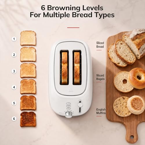 Image of Keenstone Toaster 2 Slice, Retro Wide Slot Stainless Steel Toaster with 6 Browning Levels, Reheat & Defrost, for Bagel, Toast, Bread, Kitchen Essentials, Removable Crumb Tray, White