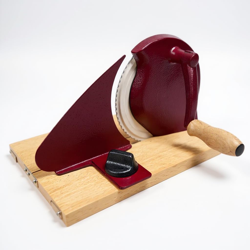 Manuelle Brotschneidemaschine, Solinger Klingenstahl, Klappbar, Buchenholz-Brett und -Kurbel, Zwingenbefestigung, Metall-Guss, 30x21x19cm, 1-20mm Schnittstärken (Rot)