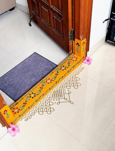 Image of WallDesign Heritage Muggulu Kolam Gold Metallic Traditional Rangoli Floor Sticker for Entrance Threshold, Doorstep & Pooja Room, Self Adhesive Vinyl Art, 30x9 Inch (Pack of 2)