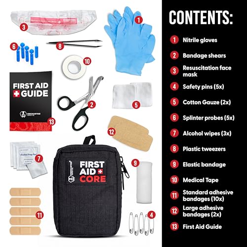 Image of Uncharted Supply Co. First Aid Core - Travel-Size First Aid Kit with 30+ Pieces, Water-Resistant Nylon Pouch, MOLLE Attachment & Labeled Pockets - Compact Emergency Kit for Purse, Locker, Bag