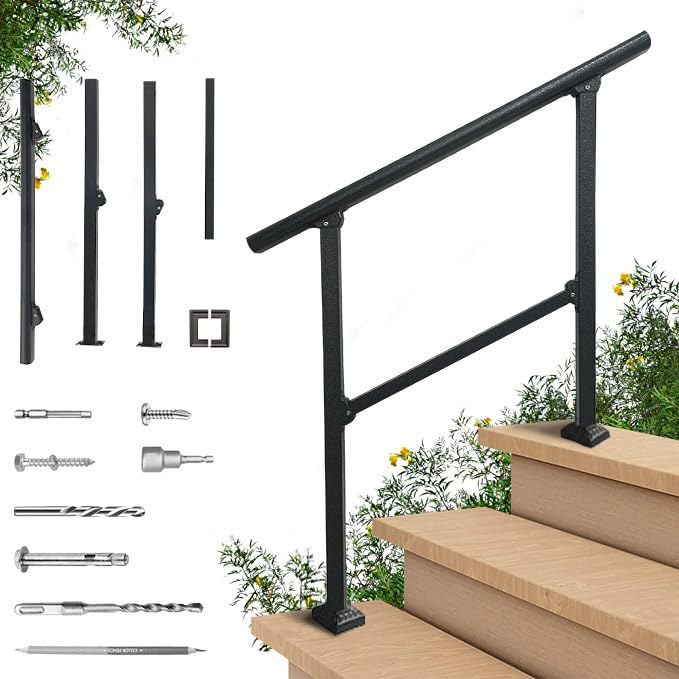 Handrail for Outdoor 3 Steps, Sparkling Sliver Wrought Iron Handrail, Transitional Handrail with Installation Kit, DIY Stair Railing for Concrete Steps, Porch Steps, Wood and Brick Steps