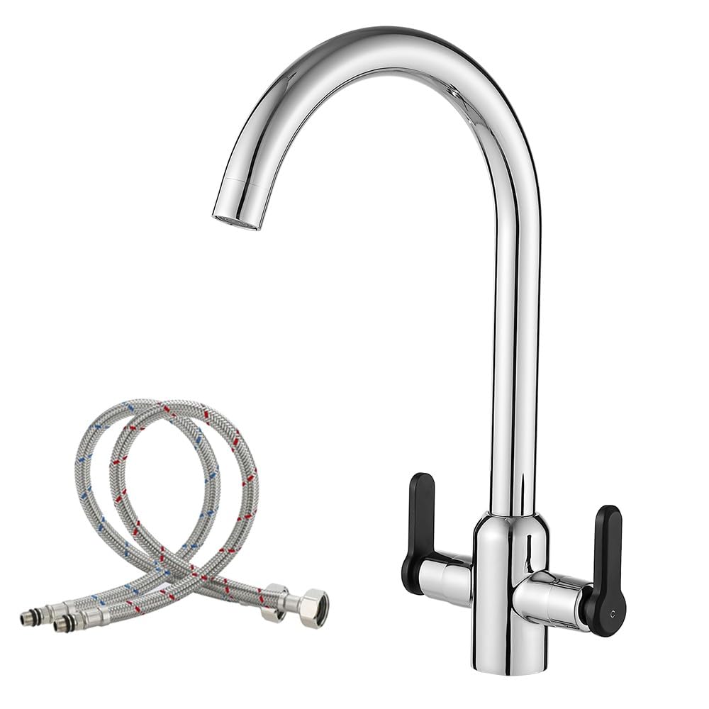 Haiba Kitchen Taps Chrome UK Standard Black Dual Lever 1 Hole Deck Mount for Kitchen Sink with 50 CM Flexi Tails, Hot and Cold