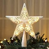 BrizLabs Christmas Star Tree Topper Lighted, 8” Silver Hollowed Pentagram Plug in Xmas Treetop Light