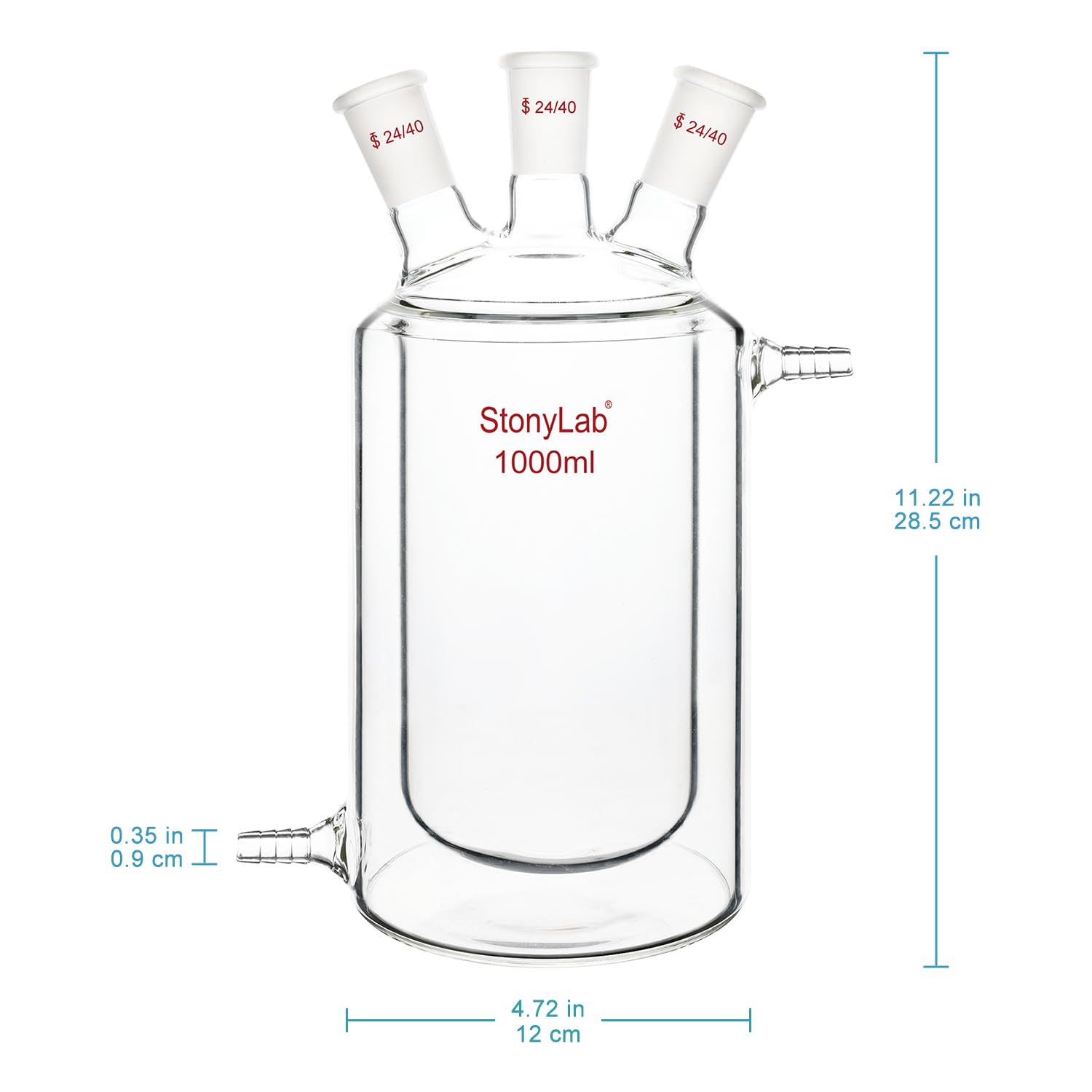 stonylab Matraz de Reacción con Chaqueta, Fondo Plano, Vaso de Reacción de Doble Capa con Tres Juntas Estándar de 24/40, 1000 ml