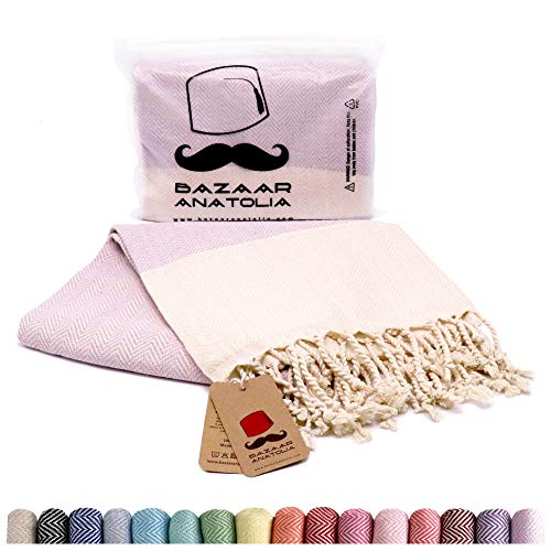 Bazaar Anatolia Herringbone Turkish Towel 100% Cotton Peshtemal Bath Towel 77x38 Thin Lightweight Travel Camping Bath Sauna Beach Gym Pool Blanket Fouta Levander Quick Dry Towels (Lilac)