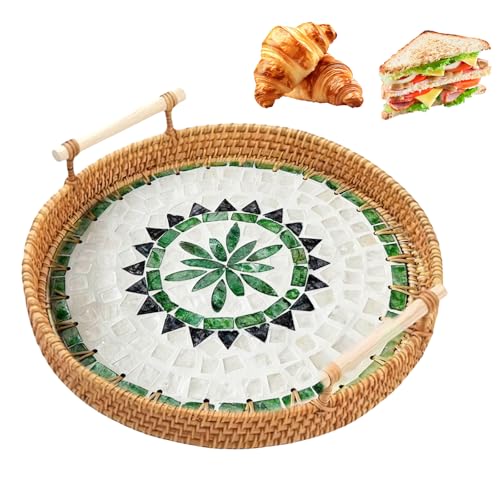 Rattan Serviertablett Mit Griffen, Handgewebtes Wicker-Tablett Deko...