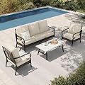 HERA'S HOUSE 4 Piece Metal Patio Furniture Set, All Weather Outdoor Conversation Set with 3 Seat Sofa, 2 x Cushioned Fixed Chair & Coffee Table, Seats 5 for Backyard, Garden, Deck, Beige