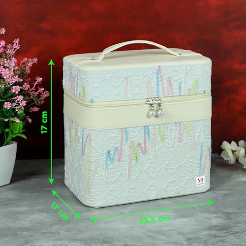 Image of NFI essentials Cosmetic Storage Makeup Bag for Womens Train Case Travel Makeup Pouch Organizer Brush Holder Makeup Artist Vanity Bridal Trousseau Box for Girls (Off-White)