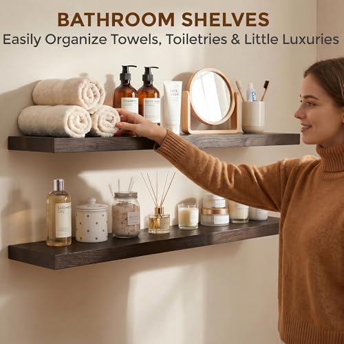 Image of Dreamland 40 Inch Long Floating Shelves Set of 2, Rustic Solid Elm Wood Floating Shelf Wall Mounted, 8 Inch Deep Wooden Wall Shelves for Living Room, Bedroom, Bathroom, Kitchen, Walnut