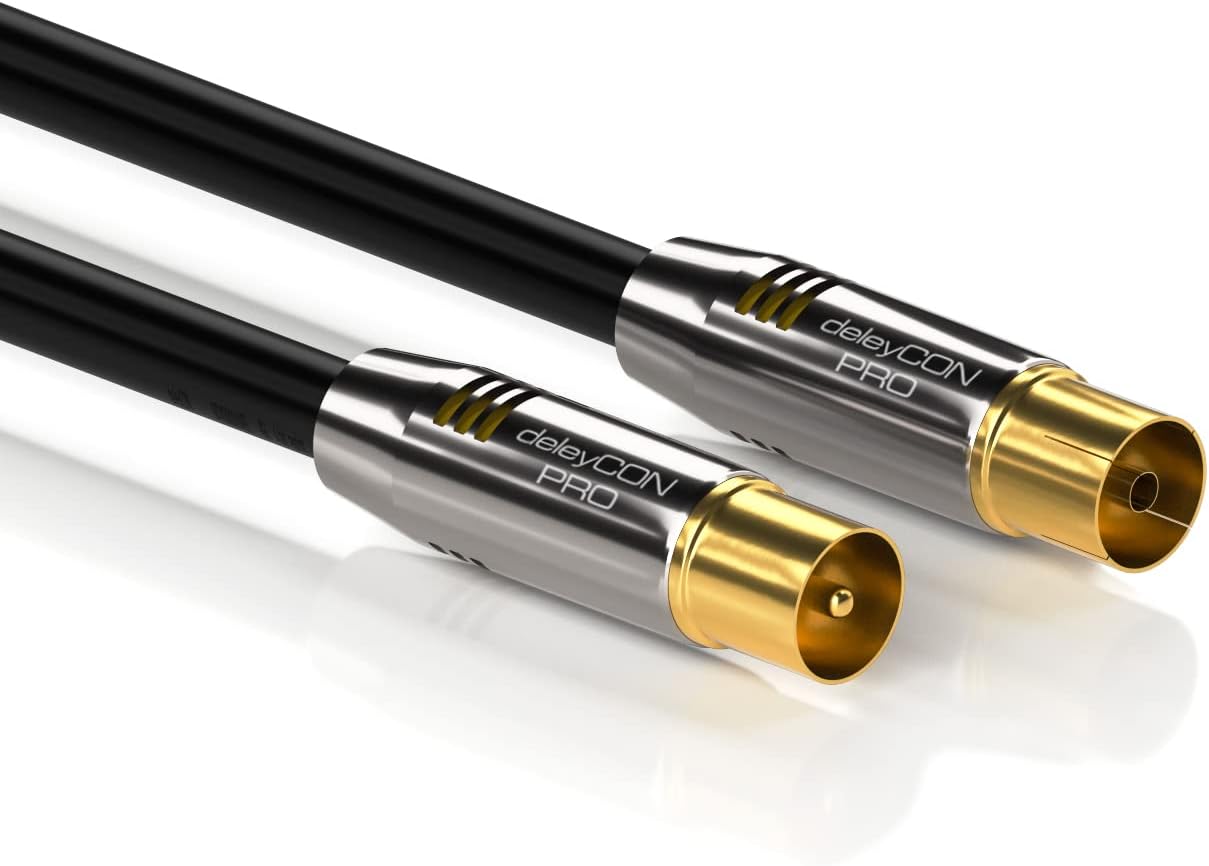 deleyCON 2 m TV Antenna Cable Coaxial Cable HDTV TV Cable Full HD - TV Plug to TV Socket - Metal Plug - Analog Digital - Black