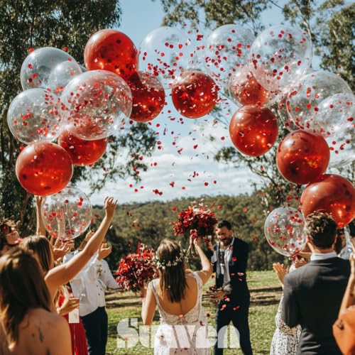 Image of SUWEN Red and Confetti Balloons Set 47PCS Shiny Latex Helium