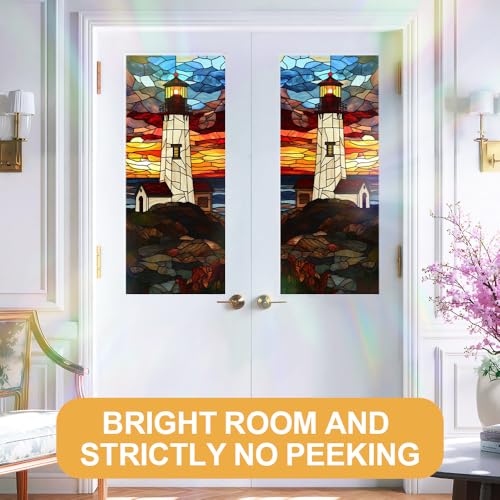 Image of Lighthouse Coastal Sunset Stained Glass Window Film 17.32x39.37in