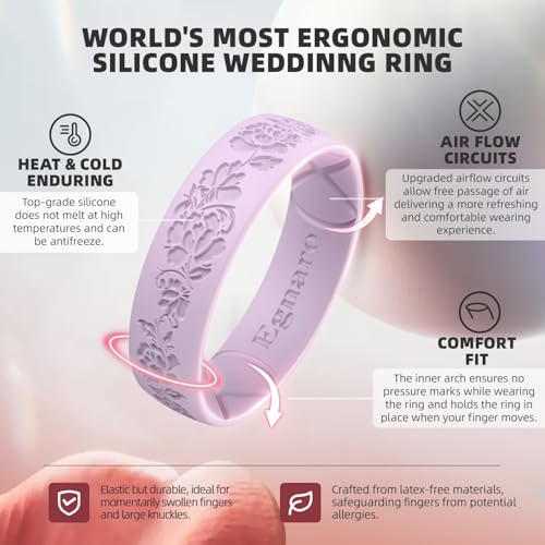 Egnaro Engagement Rings Women, Etched Classic Silicone Wedding Bands, Rubber Comfortable and Flexible Design2