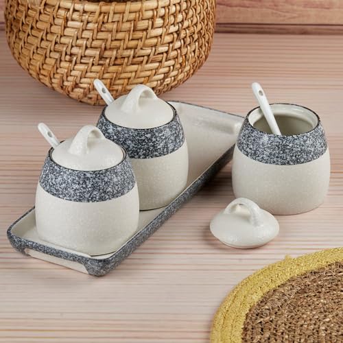 Image of SASASA Ceramic Condiment Jars and Containers Set of 3 with Tray and Spoon for Kitchen Food Storage, Used for Spices, Sauce Servers, Pickle, Vinegar, Sugar (280ml each) Grey (10678)