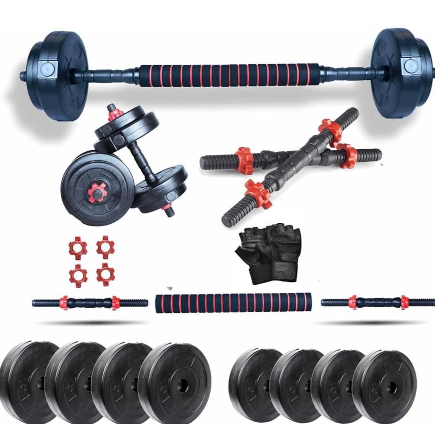 4 In 1 Convertible & Dumball Home Gym Exercise For Home Workout Adjustable Dumbbell (10 kg) With Gloves.
