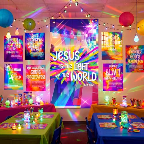 wearage 7 Pcs Vbs Decorations Large Jesus Door Cover 6 Bible Neon Posters Vbs Jesus Lighthouse Door Decor Christian Bulletin Board Posters for Summer Vocation Church School Classroom