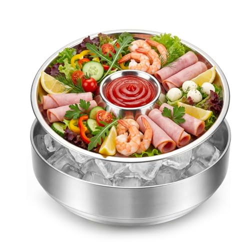 Ferrochef Shrimp Cocktail Serving Dish Chilled Serving Tray For Parties With Ice Bowl Stainless Steel Platter Charcuterie Servings Board Cold Dish For Shrimp Seafood Fruit Vegetable Buffet Restaurant