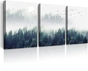DZRWUBHS Modern Canvas Wall Art For Living Room Large Wall Decor For Bedroom Foggy Forest Trees Landscape Painting Home Decor Stretched And Framed Ready To Hang Pictures 3 Panels Wall Decoration
