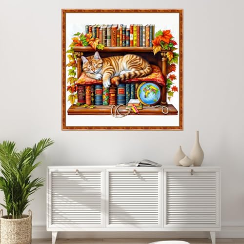 Image of Findvoor Stamped Cross Stitch Kits for Beginner Embroidery Kits for Beginners Adults DIY 11CT Cross Stitch Patterns Needlepoint Kits Crossstitching Kits-The cat on the Bookshelf 18x18 inch