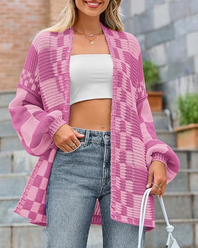 Image of BTFBM Casual Cardigan Sweater for Women Fall 2026 Long Sleeve Open Front Chunky Knit Sweaters Checkered Outwear Coat