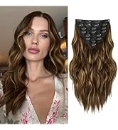Clip in Hair Extensions, 8PCS 16 Inch Wavy Dark Brown Hair Extensions Clip Ins Mix Blonde, Synthe...