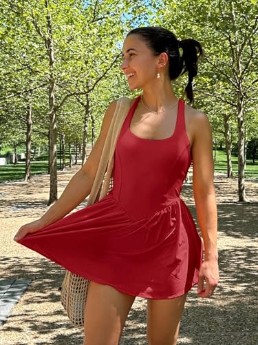 Image of Sexyasasii Women's Summer Athletic Tennis Dress with Built in Shorts and Bra Square Neck Workout Exercise Active Golf Dresses