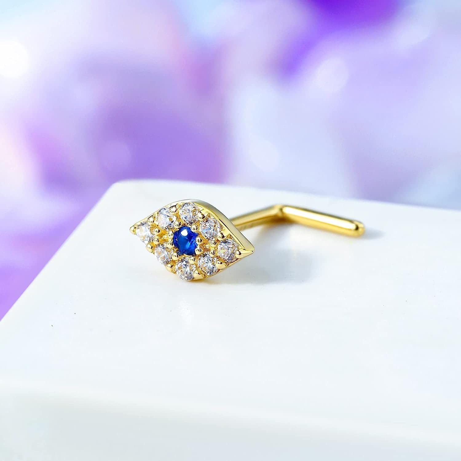CM Crareesi Mania Piercing de nariz de oro de 14 quilates, calibre 20, ojo EviL de 14 quilates, oro macizo de 14 quilates, aretes de nariz en forma de L, juego de puntas para piercing de nariz,