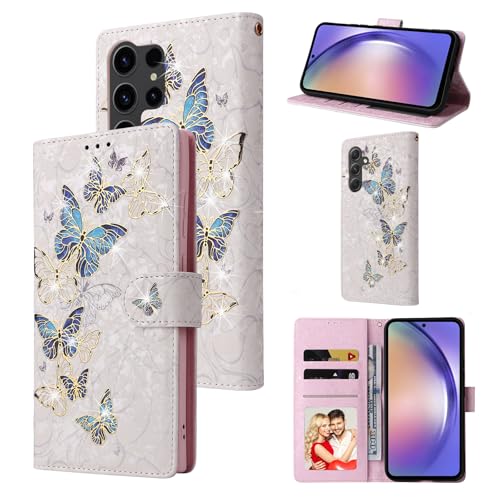 UEEBAI Wallet Case for Samsung Galaxy S23 Ultra 5G, PU Leather Phone Case Kickstand RFID Blocking Flip Case with Card Slots Wrist Strap Relief Engraved Magnetic Closure Folio Case - Blue Butterfly