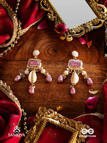 Image of SANJOYA by EVERSTYLISH Kundan Earrings for Women | Pearl, Shell & Pink Gem Dangler Earrings | Ethnic Jewelry for Weddings, Festivals & Special Occasions