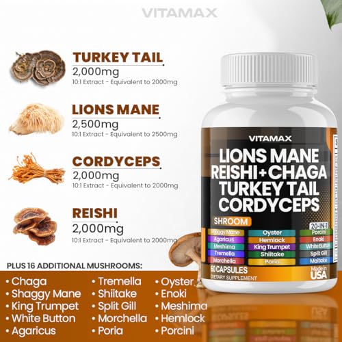 Vitamax Lions Mane Mushroom 3000mg Turkey Tail 2000mg Chaga & Reishi 1000mg Cordyceps Shiitake White Elm King Trumpet Nameko Oyster Focus & Energy - Made in USA 60ct - Thumbnail 3