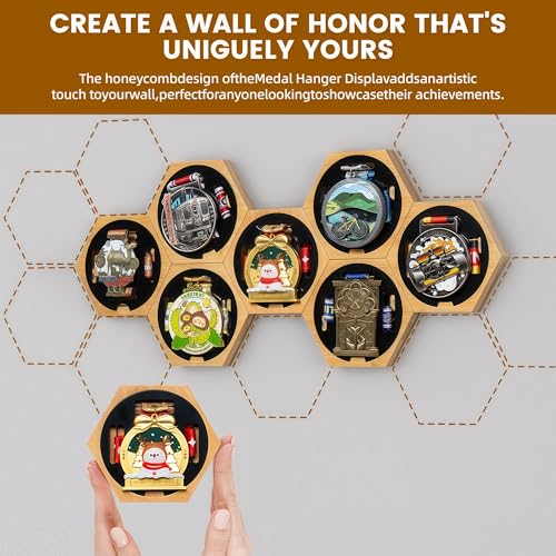 Image of Medal Hanger Display - Honeycomb Marathon Medal Hanger, Race Medal Holder Rack for Wall with No-Drill Adhesive Mounting, Stylish Holder for Running Medals