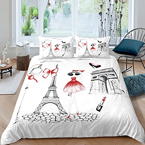 Homemissing Tour Eiffel Parure de Lit 220x240cm Mode Fille Ensembles de Housse de Couette Chic Paris Thème Housse de Couette Élégante Dame Chambre Décor...