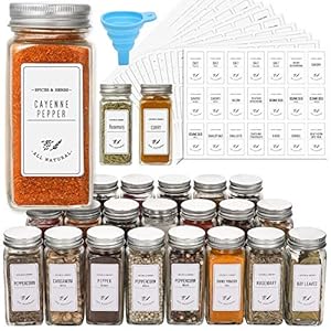 AOZITA 24 Pcs Glass Spice Jars with White Printed Spice Labels – 4oz Empty Square Spice Bottles – Shaker Lids and Airtight Metal Caps – Silicone Collapsible Funnel