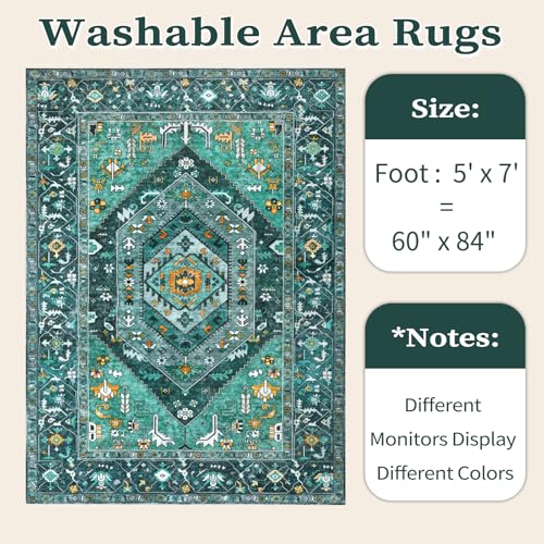 SERISSA Boho Area Rug 5x7 Teal, Washable Large Rugs for Living Room, Ultra Soft Non-Slip Bedroom Rug Print Distressed Vintage Tribal Farmhouse Carpet Rug for Dining Room Dorm Office Home Decor