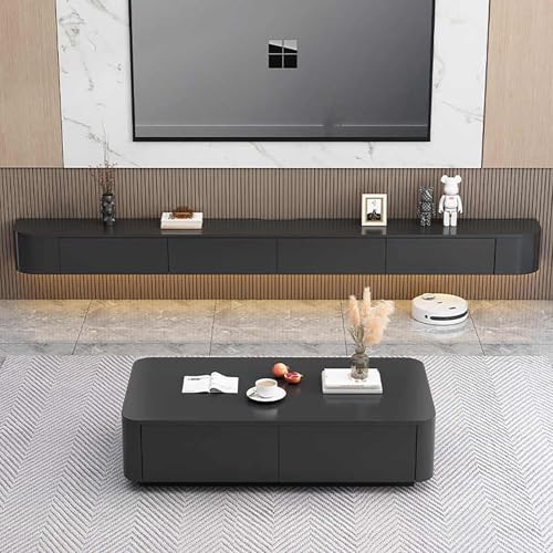 Image of Floating TV Stand Wall Mounted - Wall Entertainment Center with Flip-Down Doors & Drawers, Modern Hanging TV Shelf for Living Room, Media Console for 65 /75 80 Inch TVs (Black - B, 86.6IN /220CM)