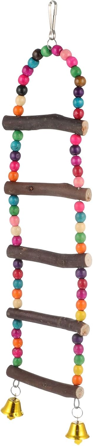 Toyvian Wood Ladder Bird with Bells Natural Wood Parrot Climbing Swing Ladder for Cage Play and Training, Suitable for Parakeets Conures and Small Birds