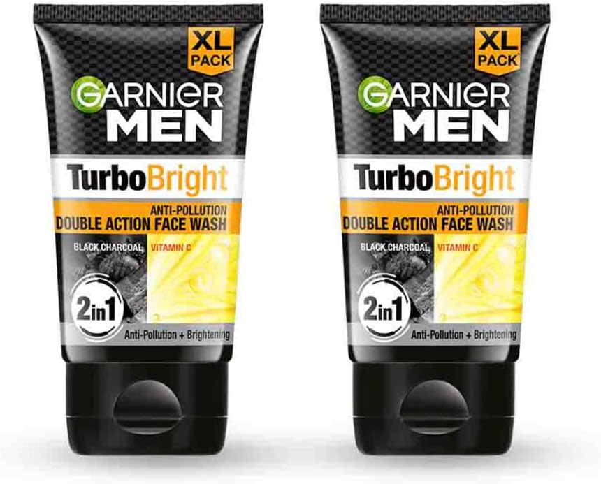 Garnier Men Turbo Bright Double Action Face Wash, Deep Cleansing Anti Pollution Face Wash with Charcoal and Vitamin C, Suitable for all Skin Types, 150g x2 (Pack of 2)