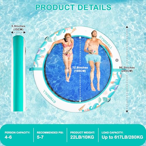 Image of Inflatable Water Hammock Floating Dock 8 FT with Mesh, Tanning Pool Raft Round Ring for Adults, Float Platform for Lake and Beach with Water Ladder and Cup Holder