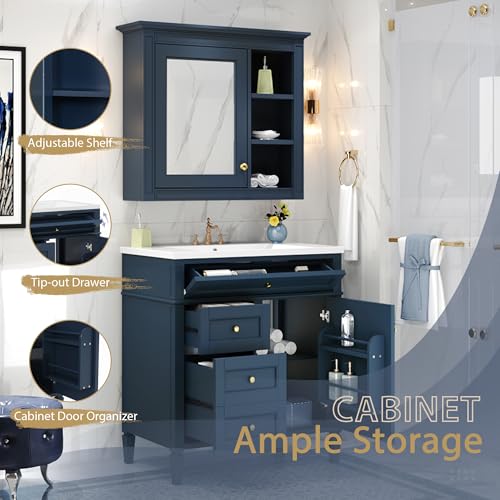 Image of Merax 30 Inch Bathroom Vanity with Sink Set, Modern Bathroom Vanity Storage Cabinet with Matching Mirror Medicine Cabinet, Solid Wood Frame,Painted Finish, 2 Drawers and 1 Tip-Out Drawer, Navy Blue