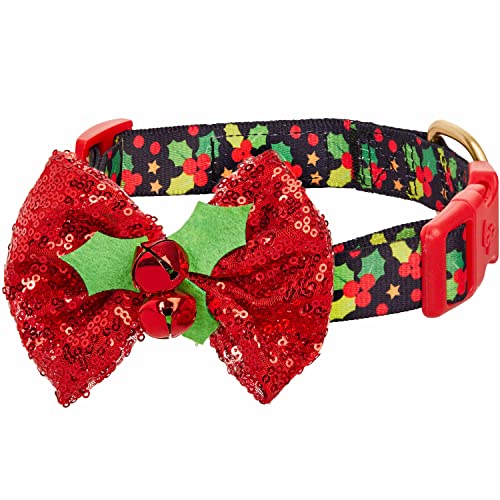 Blueberry Pet Christmas Holly Dog Collar with Bowtie Décor, Adjustable Pet Collar for Medium Dogs, 14.5'-20' Neck, Holiday Dog Collars, Christmas Dog Collar Girl, Festive Dog Collars