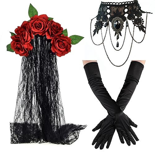 June Bloomy Day of the Dead Headpiece Rose Floral Crown Veil Halloween Costume Mexican Flower Headband(Burgundy Headband Golve Necklace set)