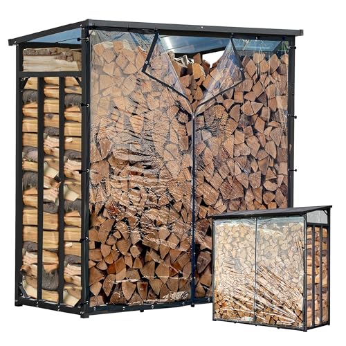Metall Kaminholzregal Außen 143 x 70 x 185 cm Mit Wetterschutz Transparent, Basic - 30 mm Stahlprofil, Anthrazit, Wetterfest, Kapazität 1,8 m³ (2,5 SRM), XL Garten Kaminholzunterstand Stapelhilfe