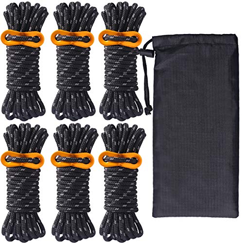 Guy Rope 4mm Reflective Cord Guy Line Tent Guide Rope with Aluminum Adjuster 13 Feet 6 Pack for Tent Tarp Outdoor Packaging (Black)