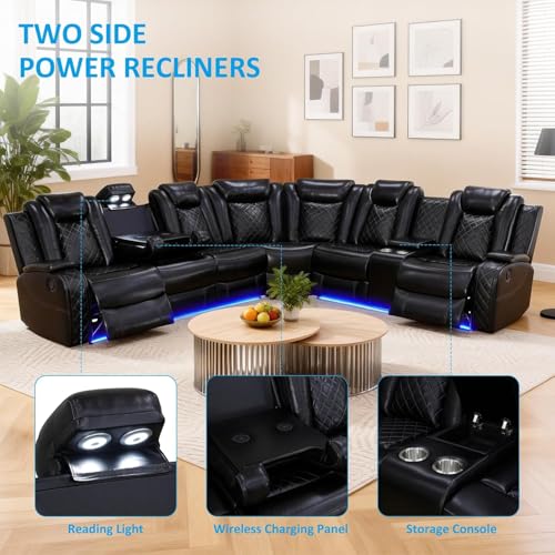 Image of Power Reclining Sectional Sofa for Living Room,Modern L-Shaped Air Leather Sectional Couch Set,Recliner Sofa Set,with LED Lights,Cup Holder,Storage,Charging Ports,Home (Blcak)
