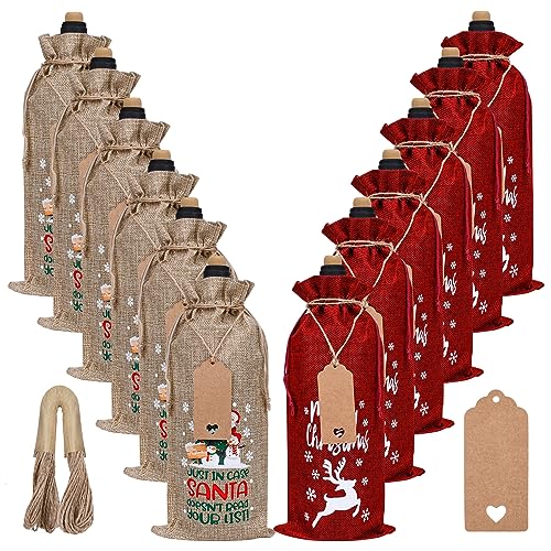 Image of Burlap Wine Bags 12 Pcs Christmas Wine Bottle Bags, Reusable Wine Gift Bags with Drawstrings Tags & Ropes for Christmas, Weddings, Holiday Party, Birthdays, Travel, Blind Tastings, Home Storage 750ml