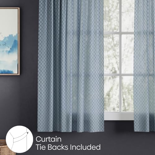 Image of haus & kinder Jacquard Sheer Window Curtains 5 Feet Long Pack of 2 Window Curtains, 5 Feet Curtains for Window, (Abstract Geometric Design, Silver Mesh, 114x152cm)