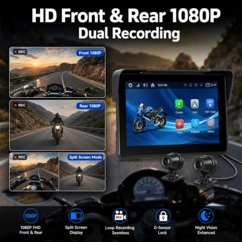 Image of SIXTOP 7 inch Motorcycle CarPlay Screen w Dual 1080P Dash Cam CarPlay Android Auto GPS Navigation System for Motorcycle IP67 Waterproof Touch Screen Bluetooth Voice Control Wired Control Magnetic Mount