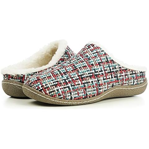 EUROPEAN SOFTEST Women's 80-D Memory Foam Nakiska Slide House Slippers with Knitting and Faux Fur Fleece Lining with Man Made Wool (7-8, Multi Lining) Cover